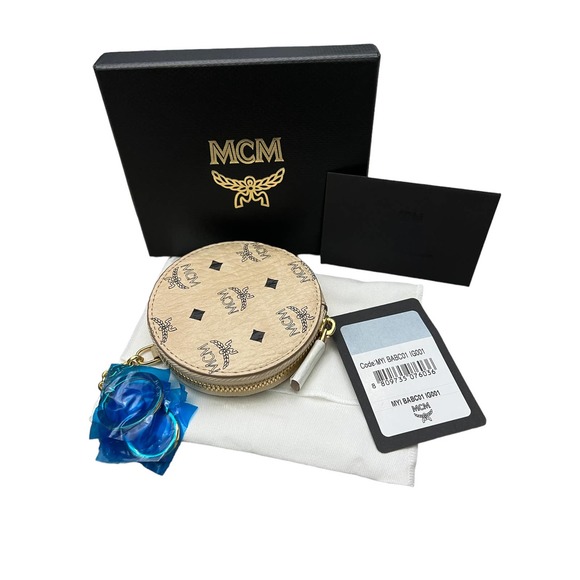 MCM Beige Visetos Canvas Round Coin Purse Wallet and KeyChain bag charm - Picture 5 of 8